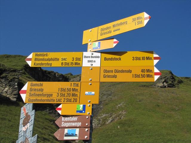 Wegweiser bei der obere Bundalp 1840 m.ü.M.