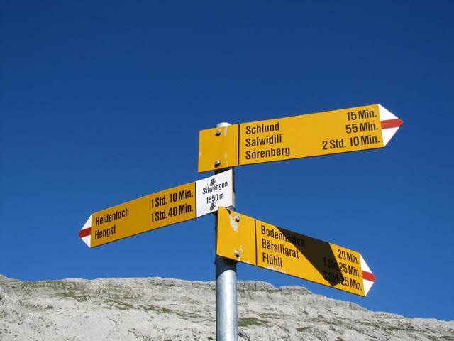 Wegweiser bei Silwängen 1550 m.ü.M. unser nächstes Ziel Heidenloch und der Hengst natürlich