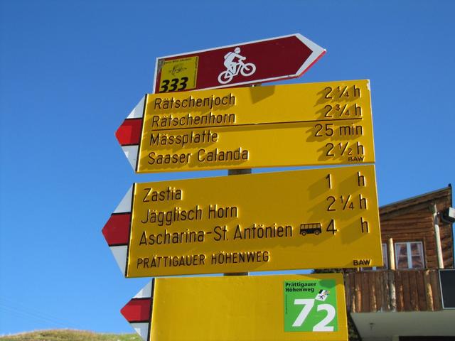 Wegweiser bei der Madrisa Bergstation 1884 m.ü.M. Unser Ziel der Jägglisch Horn