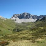 Blick zur Aschariner Alp mit den Alphütten von Hindersäss. Am Horizont die Rätschenflue