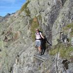 Mäusi beim überqueren der kleinen Brücke. Trittsicher muss man auf diesem Bergweg sein