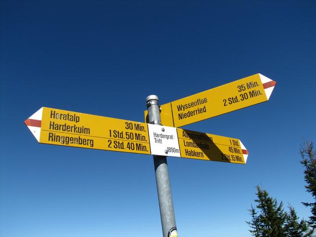 Wegweiser bei der Verzweigung Hardergrat Tritt 1850 m.ü.M.