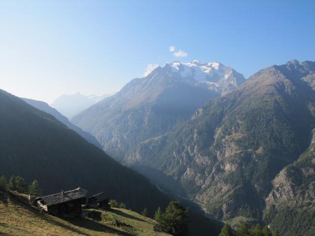 Blick zum Balfrin und die Mischabelgruppe und auf das tief eingeschnittene Saastal