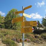 Namensloser Wegweiser. Rechts führt der Weg nach Heimischgartu runter. Wir wandern aber weiter geradeaus