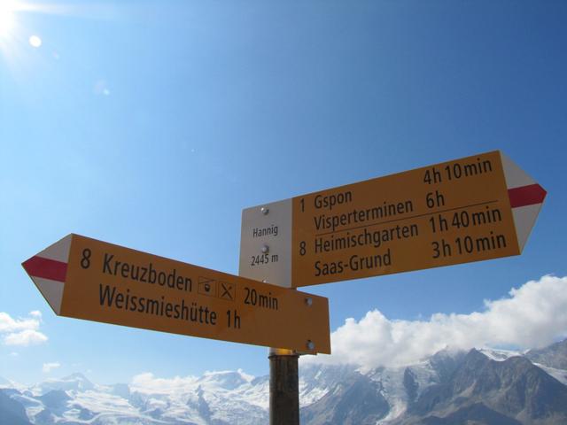 Wegweiser bei Hannig 2445 m.ü.M.