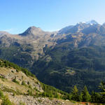 Breitbildfoto. Blick auf der anderen Talseite des Saasertal Mattwaldhorn, Fletschhorn und Lagginhorn