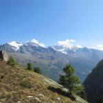 Blick auf die andere Talseite vom Saastal, zum Fletschhorn, Lagginhorn und Weissmies