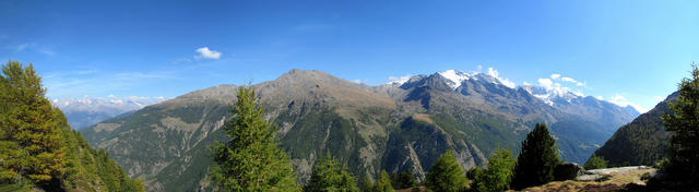 Breitbildfoto von Rote-Biel aus gesehen Richtung Fletschhorn, Lagginhorn und Weissmies