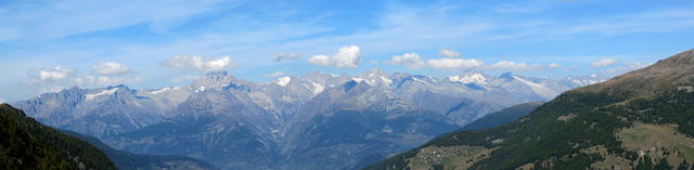 Breitbildfoto mit Blick zum Bietschhorn, Breithorn, Nesthorn, Schinhorn und Aletschhorn