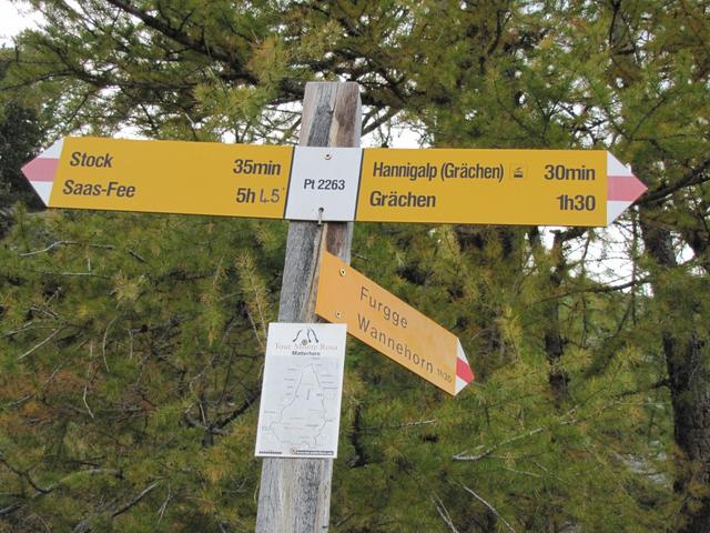 Wegweiser bei Punkt 2263 m.ü.M. unser nächstes Ziel die Hannigalp