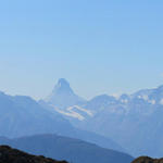 sehr schönes Breitbildfoto links die Mischabelgruppe mit Balfrin, mitte der Matterhorn, rechts der Weisshorn
