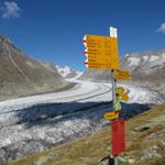 Wegweiser bei Roti Chumme 2369 m.ü.M. in 150 Jahren, hat der Gletscher 1 km an Länge verloren