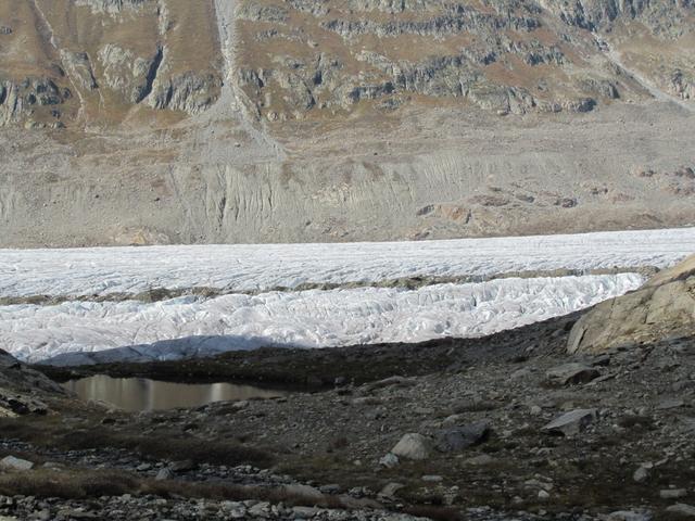 seit 1850, 100 m an Mächtigkeit verloren. Gut ersichtlich an den hellen Schuttstreifen oberhalb vom Gletscher