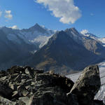 traumhaftes Breitbildfoto vom Eggishorn aus gesehen mit Aletschgletscher und Fieschergletscher