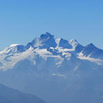 wunderschönes Breitbildfoto, Lagginhorn, Fletschhorn, Weissmies, Mischabelgruppe und Balfrin, Matterhorn, Weisshorn und Bishorn