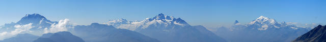 wunderschönes Breitbildfoto, Lagginhorn, Fletschhorn, Weissmies, Mischabelgruppe und Balfrin, Matterhorn, Weisshorn und Bishorn