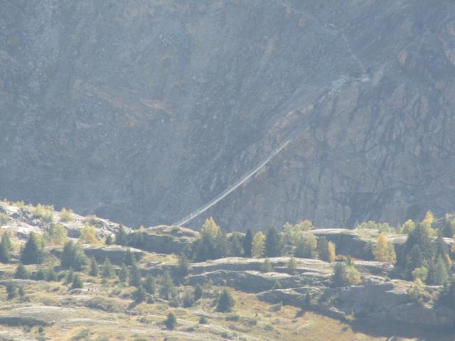 Tiefblick auf die Hängebrücke die über die Massaschlucht, Belalp mit Riederalp verbindet