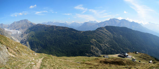 Breitbildfoto kurz vor dem Hotel Belalp. Grosser Aletschgletscher, Eggishorn, Riederfurka, Hotel Belalp