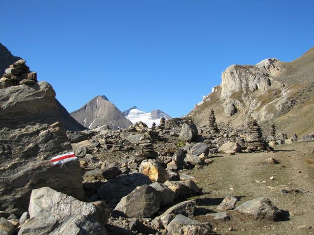 direkt vor uns am Horizont der Bättelmatthorn, Rothorn, Blinnenhorn und der Griesgletscher