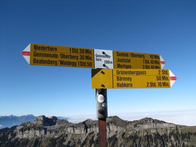 Wegweiser auf dem Gemmenalphorn 2061 m.ü.M. unser nächstes Ziel Oberberg