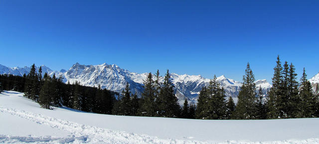 Breitbildfoto beim zugeschneiten Fleschsee, mit Blick in die Urner Alpen