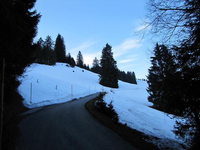 Skitourenfahrer nehmen den Skilift, wir Schneeschuhläufer, laufen auf der Bergstrasse zum Naturfreundehaus