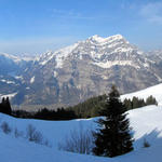 Breitbildfoto von Chlusen 1683 m.ü.M. aus gesehen. Blickfang ist der Wiggis und der Rautispitz