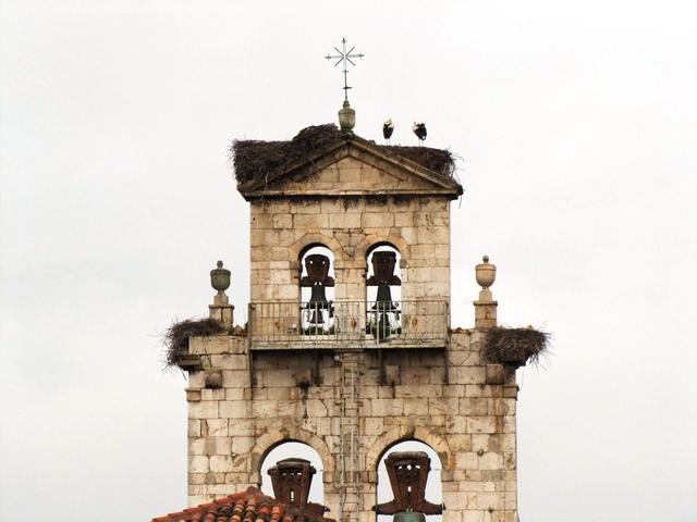 Kirchturm der Kirche San Pedro de la Fuente ist von Störchen belagert