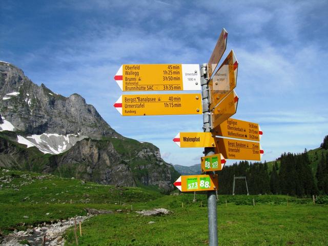 Wegweiser auf Urnerstafel 1690 m.ü.M. wir sind nun auf dem Walenpfad