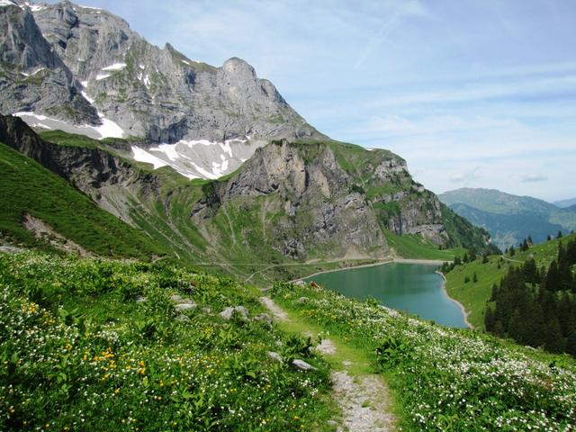 rechts unter uns der Bannalpsee. Geradeaus die Mulde am Fusse der Walenstöcke. In dieser Mulde führt der Wanderweg