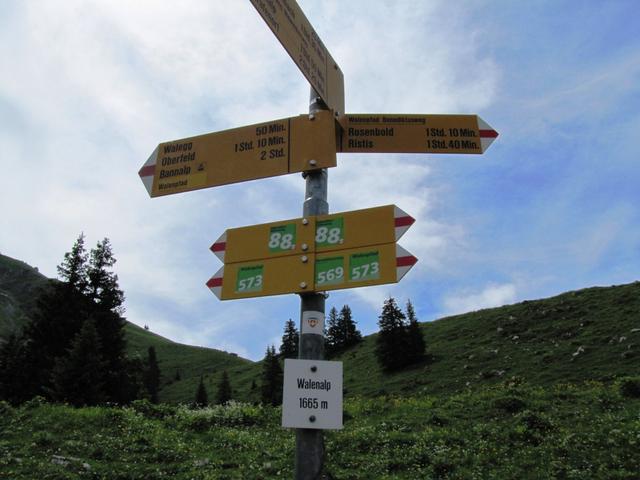 Wegweiser auf der Walenalp 1665 m.ü.M.