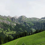 Breitbildfoto von Mittelberg aus gesehen. Links die Schwalmere, rechts das Schilthorn