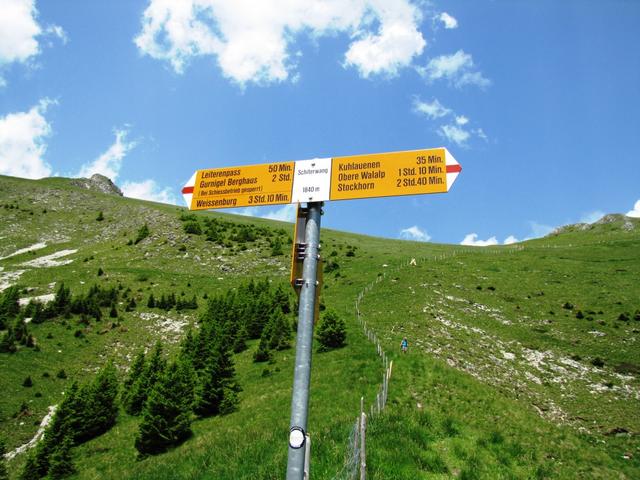 Wegweiser bei Schiterwang 1850 m.ü.M. unser nächstes Ziel, der Leiterenpass