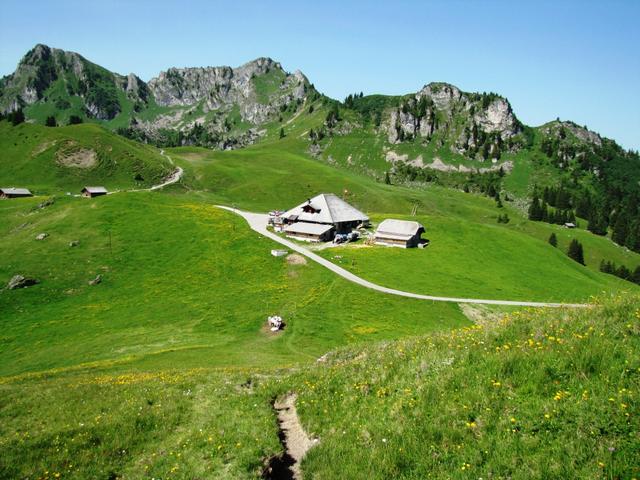 Blick auf die Alphütte und Bergwirtschaft Seeberg 1800 m.ü.M.