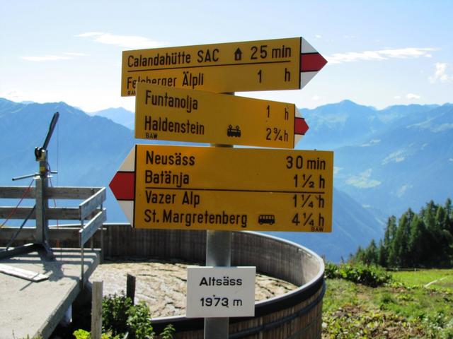 Wegweiser bei Altsäss. Weiter geht es zur Calandahütte