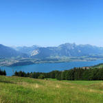 schönes Breitbildfoto mit dem Thunersee. Links der Niesen. Rechts der Stockhorn. Dort oben waren wir auch schon