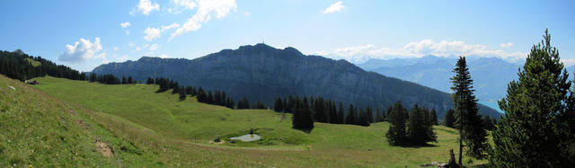 schönes Breitbildfoto mit einem bezauberndem Blick auf den weiten Almboden von Unterbergli und die Niederhornkette