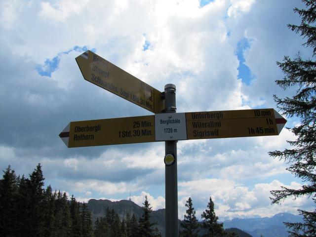 Wegweiser bei Berglichäle 1720 m.ü.M. hier bogen wir rechts ab Richtung Bodmi