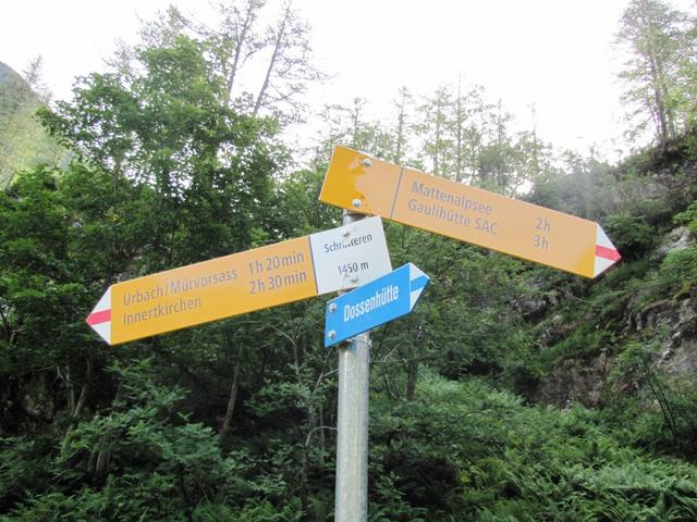 Wegkreuzung bei Schrätteren 1450 m.ü.M. Rechts geht's zur Gaulihütte, waren wir schon