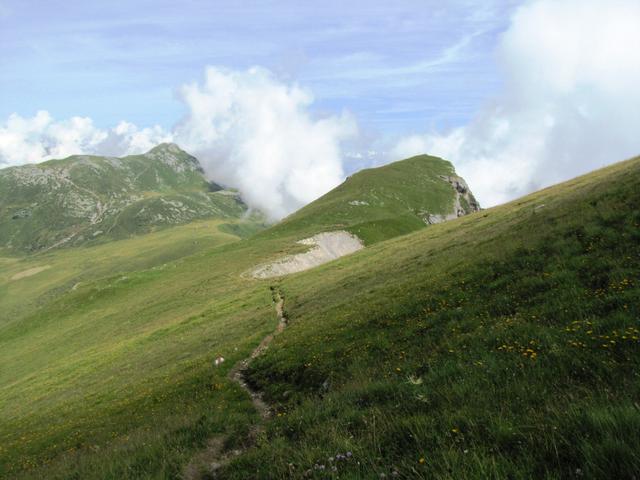 vor uns taucht der grasige Gipfel des Stand auf