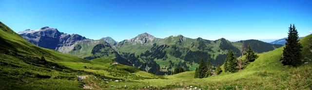 vom Bauernhaus, hat man diese phantastische Aussicht mit Breitbildfoto aufgenommen. Schwalmere Latrejespitz und Morgenberghorn