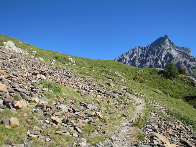 bei der Wegkreuzung halten wir uns rechts und wandern über einen steilen Bergpfad weiter aufwärts