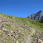 bei der Wegkreuzung halten wir uns rechts und wandern über einen steilen Bergpfad weiter aufwärts