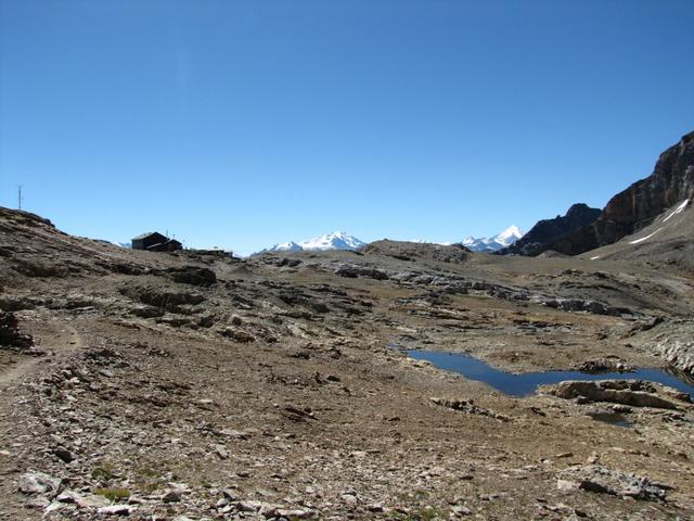 vor uns taucht die Lötschenpasshütte und die Walliser Bergriesen auf