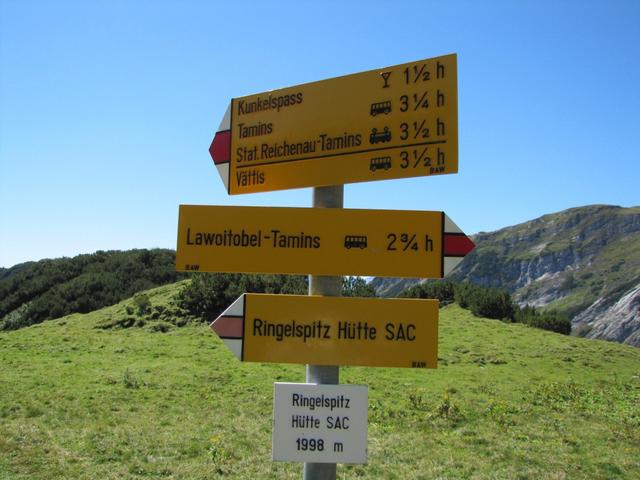 Wegweiser bei der Ringelspitzhütte 1998 m.ü.M.