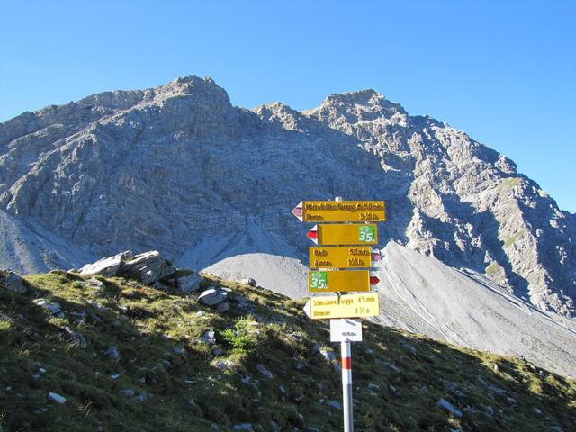 wir haben den Wegweiser bei Punkt 2153 m.ü.M. erreicht. Geradeaus geht es zur Meienfelder Furgga