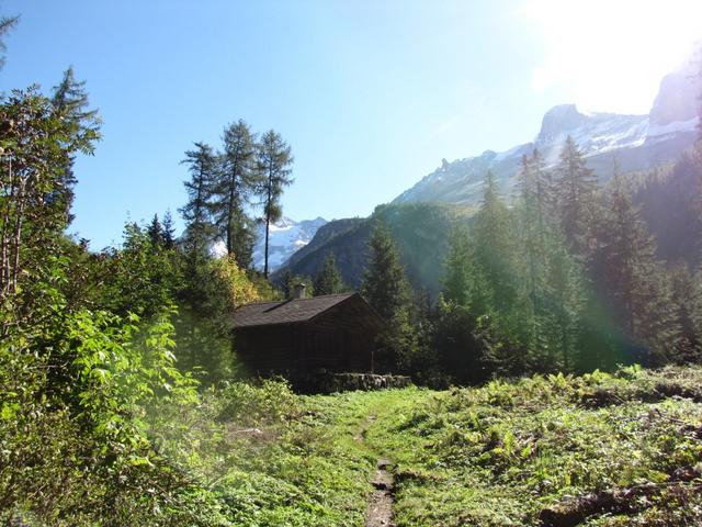 endlich erreichen uns die ersten Sonnenstrahlen. Bei der kleinen Hütte kurz vor Punkt 1522 m.ü.M.