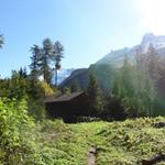 endlich erreichen uns die ersten Sonnenstrahlen. Bei der kleinen Hütte kurz vor Punkt 1522 m.ü.M.