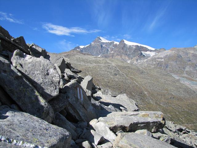 der stellenweise nun nur schwach sichtbare Pfad führt nun zwischen Felsblöcken am Nordfuss des Galmerhorn vorbei