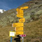 bei diesem Wegweiser ist der Wanderweg zur Mischabelhütte weiss-rot-weiss markiert !